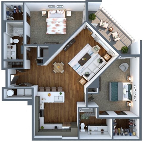 Floor plan for 2 beds, 2 baths, 1307 sqft